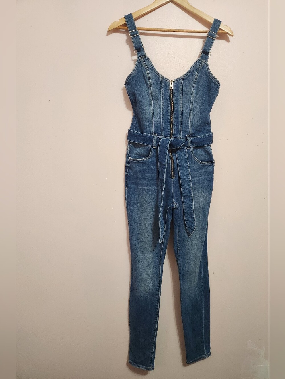 GUESS Los Angeles Denim Bustier Zip-Front Jumpsuit Skinny Y2K Belted Catsuit S